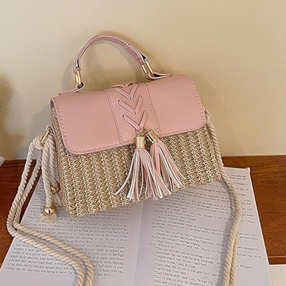 Neiman Marcus Pink Straw & Leather Flap Gold Hardware Crossbody - Picture 1 of 5